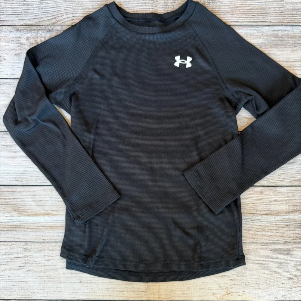 Under Armour UA Boys Waffle Crew Long Sleeve Shirts Youth Size M Black Green - Picture 2 of 5